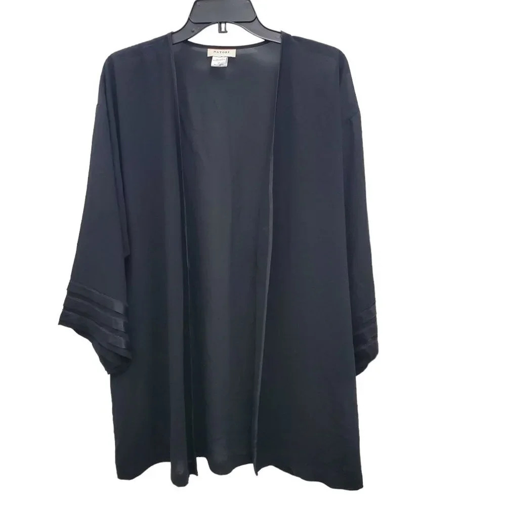 Natori Women's Black Semi Sheer Satin Stripe Open Front No Tie Kimono Robe Sz XS